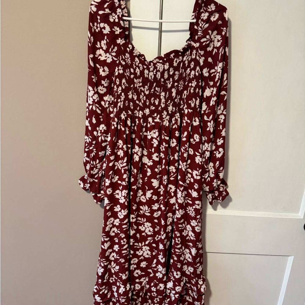 Maroon Floral Smocked Midi Dress